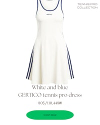 a white and blue greco tennis pro dress