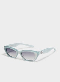 a pair of blue cat eye sunglasses on a white background