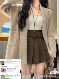 a woman wearing a brown cardigan and a skirt